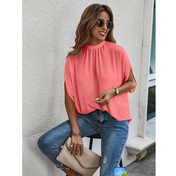 Coral Blouse Top Flowy, High Neck - Picture 3 of 13